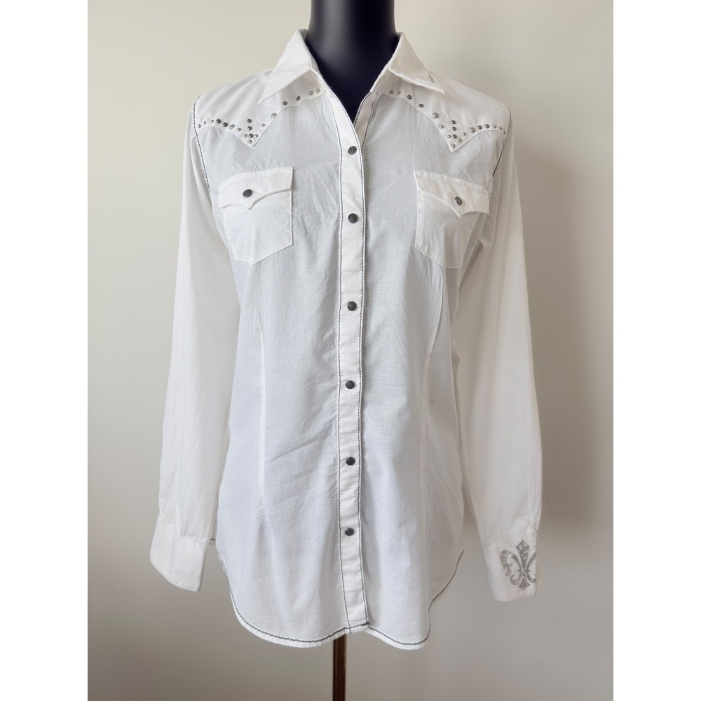 Rock 47 by Wrangler Womens White Studded Western Shirt Fleur De Lis M LJ35519